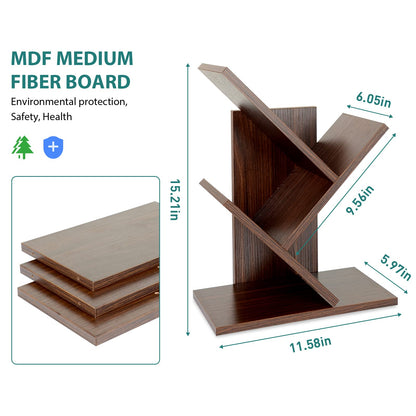 ZRWD Tree Bookshelf, 3-Tier Small Book Storage Organizer Shelves Floor Standing Bookcase, Wood Storage Rack for Office Home School Shelf Display for Cd/Magazine（Dark Walnut ）