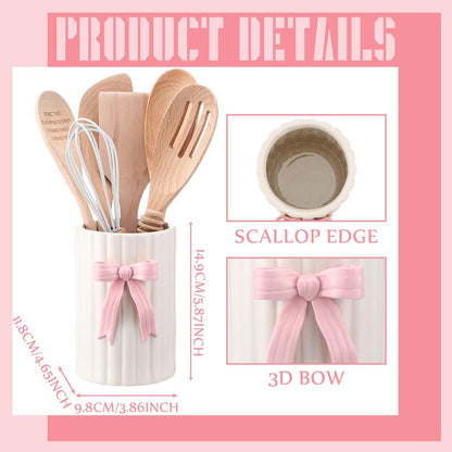 LemonRoad Pink Bow Ceramic Utensil Holder 3D Coquette Handmade Pink Kitchen Decor Mothers Day Kitchen Gifts Cooking Utensil Crock with Scalloped Preppy Caddy Pen Holder Vase for Countertop Spoon
