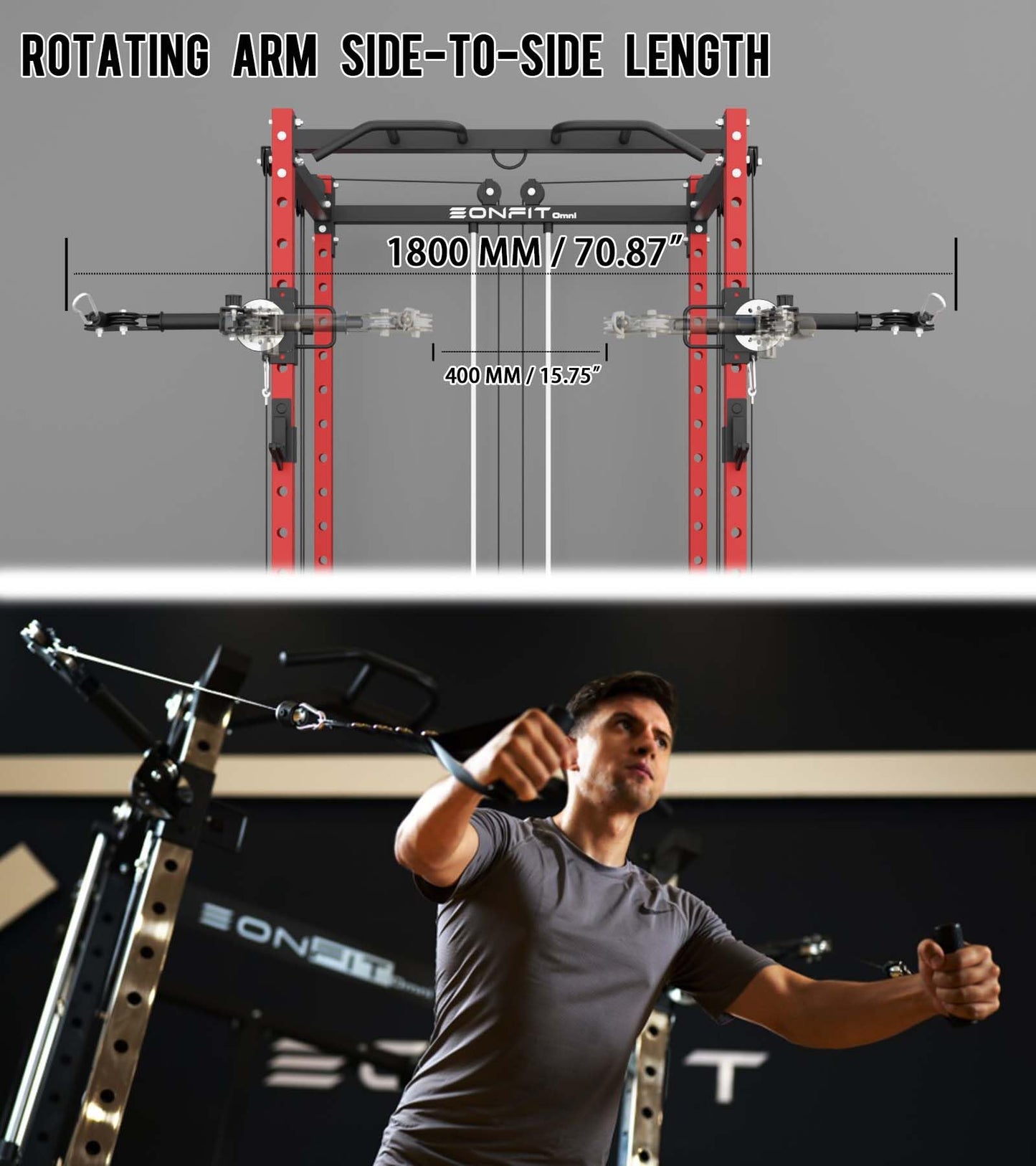 Eonfit E2 Power Cage with 3D Rotation Arms - Multi-Functional Power Rack for Home Gym. 1500lb Squat Rack for Home Gym. Pulley System for Cable Crossover & LAT Pulldown (RED, PRO)