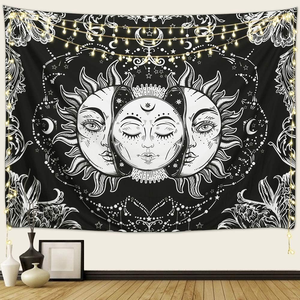 ARFBEAR Sun and Moon Tapestry, Burning Sun with Stars, Black and White Psychedelic Wall Hanging (59 x 59 in)