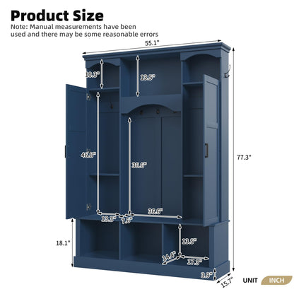 Modern Farmhouse Hall Tree with Adjustable Shelves & 7 Hooks, All-in-One Entryway Organizer, Shoe Cabinet & Storage Bench for Mudroom, Hallway, Classic Arched Design, Dual Side Cabinets (Blue Style6)