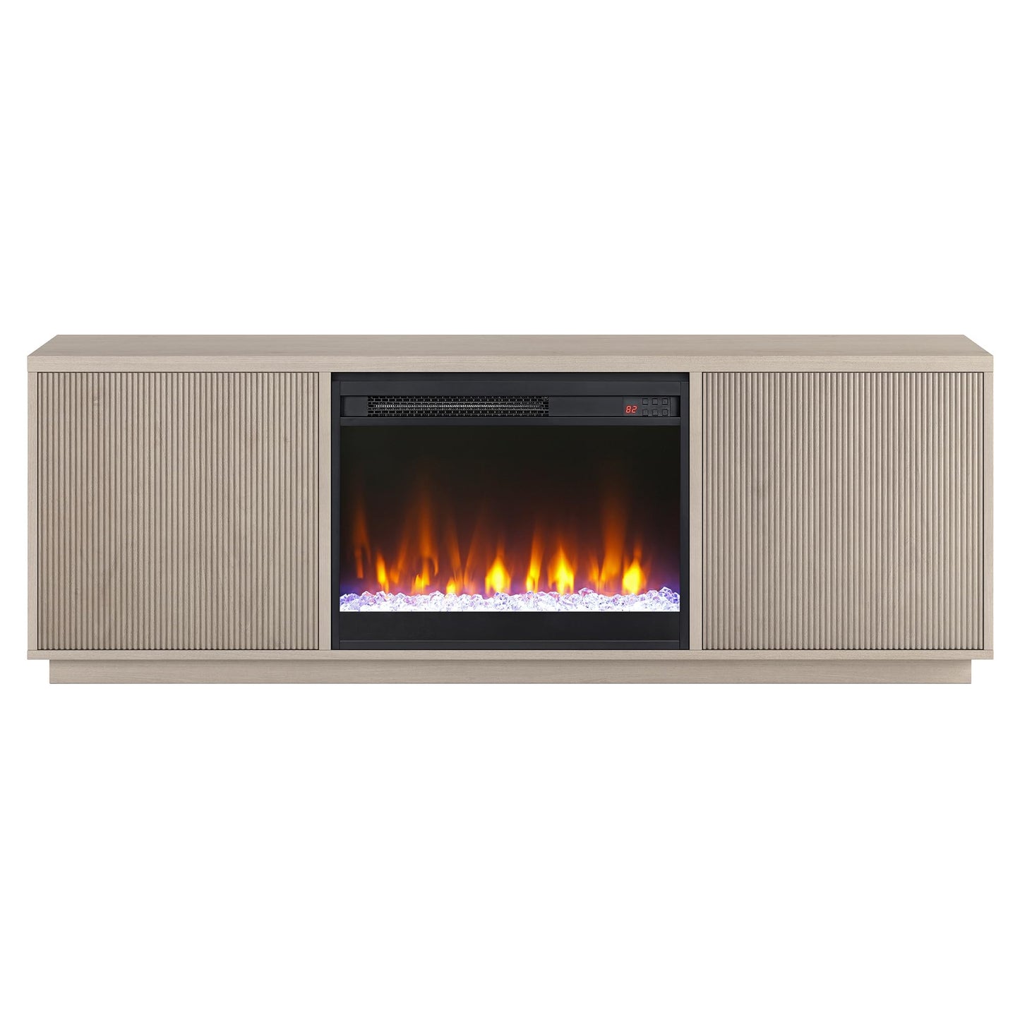 Henn&Hart Fluted TV Stand for TVs up to 75" with 26" Electric Crystal Rocks Fireplace and Ribbed Side Storage Cabinets for Living Room, Family Room, or Office, Beech White