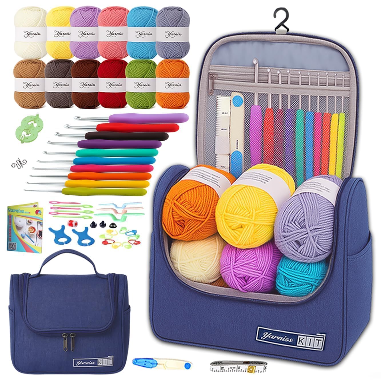 Yarniss Crochet Kit for Beginners,All in One Crochet Kits with 840 Yards Crochet Yarn,Ergonomic Crochet Hooks Set with Yarn for Adults,Navy