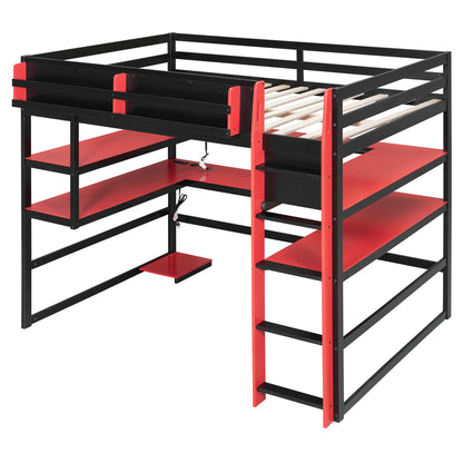 DNYN Gaming Loft Bed with Built-in Desk and Storage Shelves for Teens/Adults Bedroom, Space-Saving Full Size Wooden Bed Frame with LED & Side Race, No Box Spring Needed