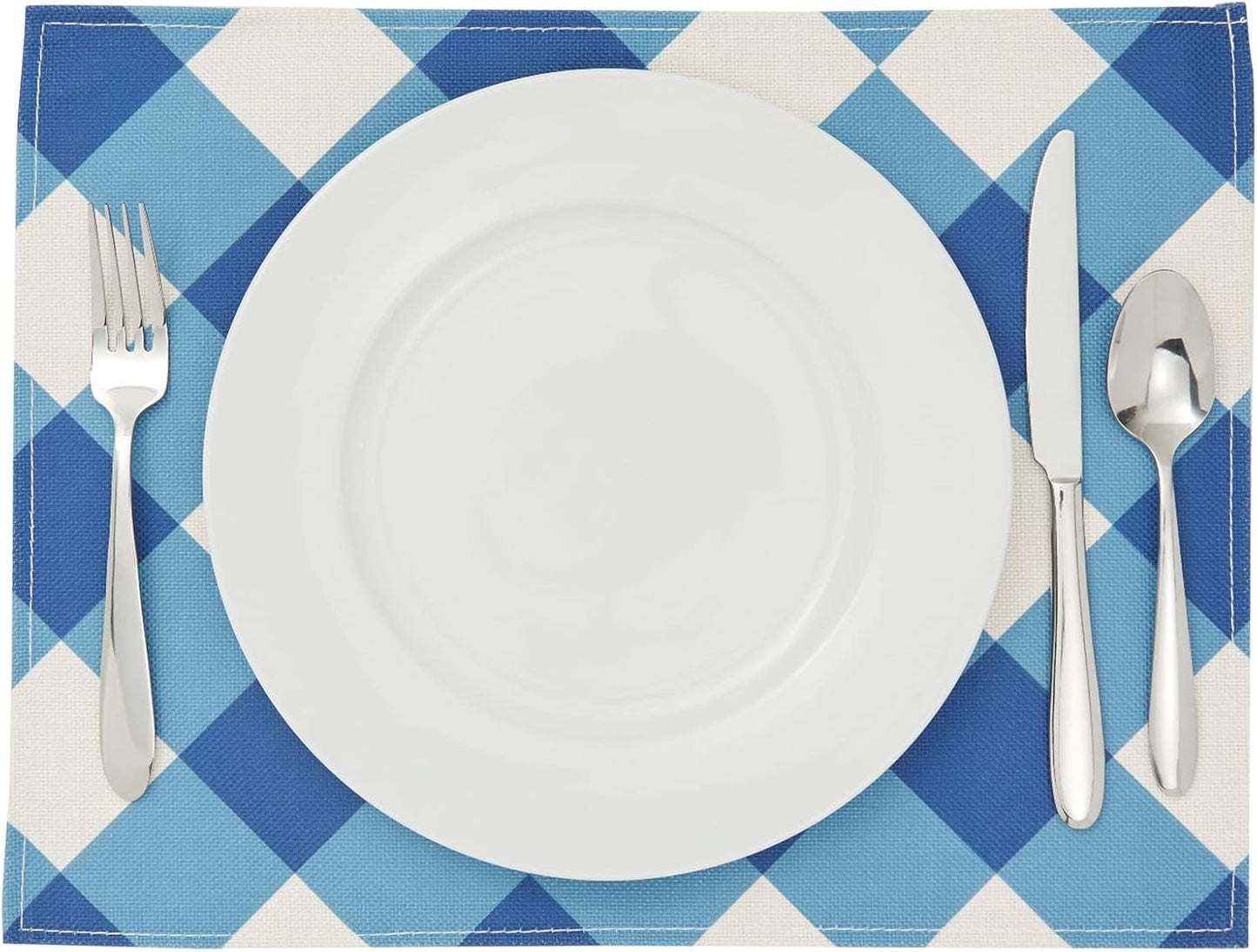 Set of 6 Blue and White Plaid Cloth Placemats, Washable Table Mats with Buffalo Design for Dining Table