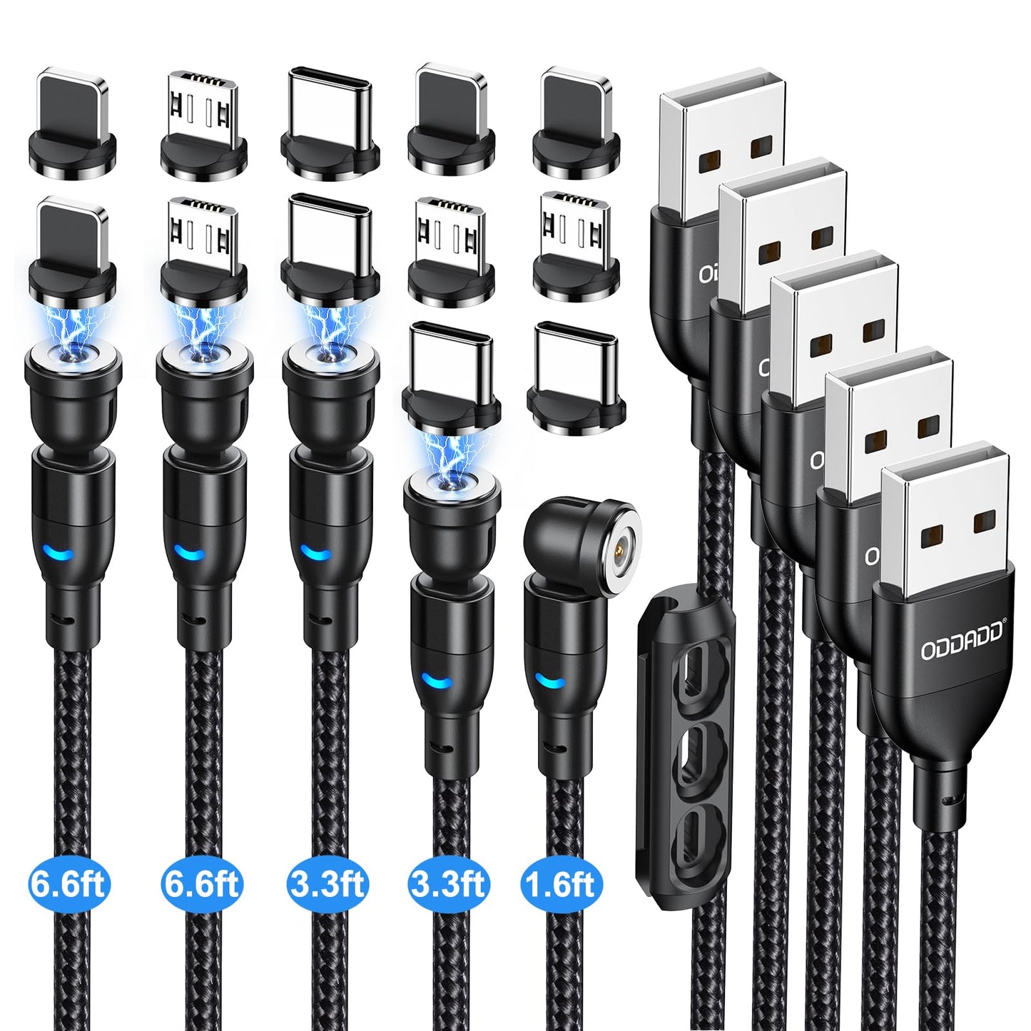 ODDADD Magnetic Charging Cable 5-Pack (1.6/3.3/3.3/6.6/6.6FT), 540° Rotating Magnetic Phone Charger Cable with LED Light for Micro USB, USB C and i-Product Device
