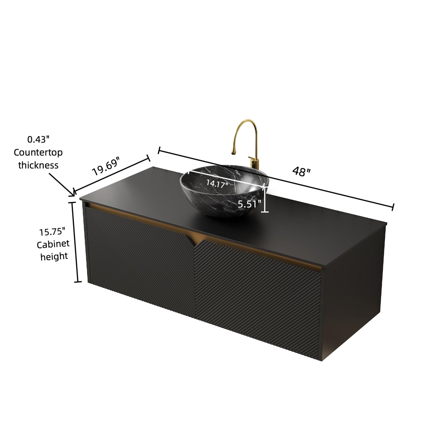48" Floating Bathroom Vanity with Vessel Sink, RUBEN Wall Mounted Plywood Cabinet, Sintered Stone Countertop, Twill Double Doors with Metal Trim, Modern Storage Unit, Bowl Black Stone Ceramic Basin