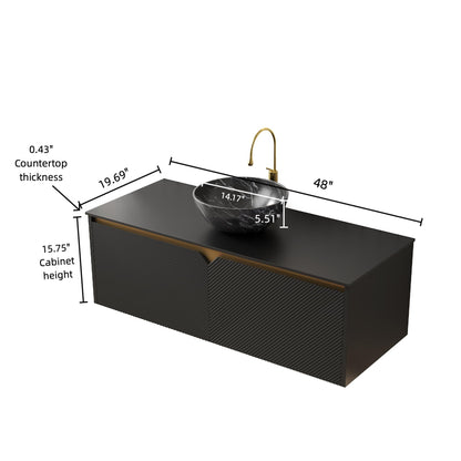 48" Floating Bathroom Vanity with Vessel Sink, RUBEN Wall Mounted Plywood Cabinet, Sintered Stone Countertop, Twill Double Doors with Metal Trim, Modern Storage Unit, Bowl Black Stone Ceramic Basin