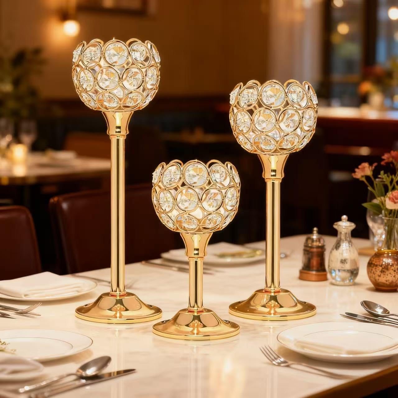 HearthLume Candle Holder Candlestick Holders- 2Set Gold Crystal Pillar Candle Holders,Metal Candlestick Stands for Wedding Centerpieces,Table Decor for Church,Valentine's Day Housewarming Gift,6Pcs