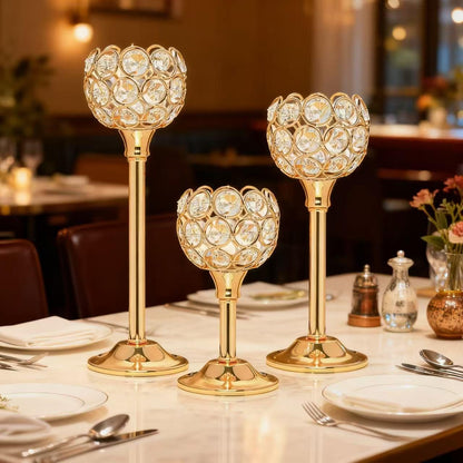 HearthLume Candle Holder Candlestick Holders- 2Set Gold Crystal Pillar Candle Holders,Metal Candlestick Stands for Wedding Centerpieces,Table Decor for Church,Valentine's Day Housewarming Gift,6Pcs