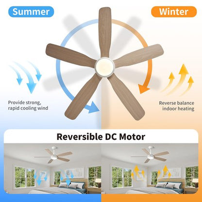 42 Inch Solid Wood Ceiling Fans with Lights and Remote, Dimmable 6-Speed Outdoor Ceiling Fan with Light, 5 Blade Ceiling Fan with 3-Timer Reversible DC Motor for Bedroom, Living Room - White ﻿