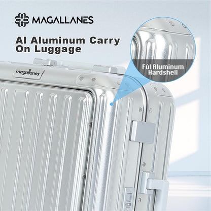 Magallanes 20 Inch All Aluminum Carry On Luggage with Front Laptop Pocket - Zipperless Hard Shell Suitcase for Business Travel, TSA Approved, Silent Spinner Wheels, USB Charging Port, Silver