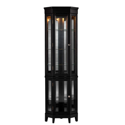 SEI Furniture Essex Corner Curio Cabinet - Adjustable Glass Shelves - 2 Tier With Black Finish, Transitional Style Pine, Black