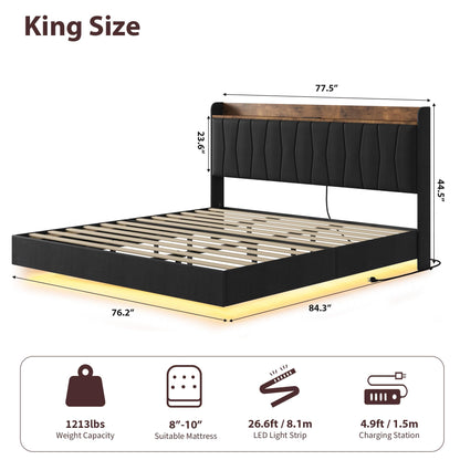 IDEALHOUSE King Floating Bed Frame with LED Lights & Charging Station, Upholstered Platform Bed with Storage Headboard, Wood Slats Support, No Box Spring Needed, Easy to Assemble, Black