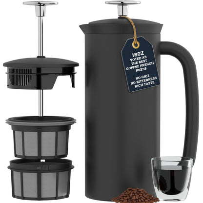 ESPRO Pro P7 French Press Stainless Steel 304 – Patented Double Walled Micro-Filter Insulated French Press Coffee Maker, Grit-Free Brew - Heat Resistant BPA Free - Matte Black (18oz)