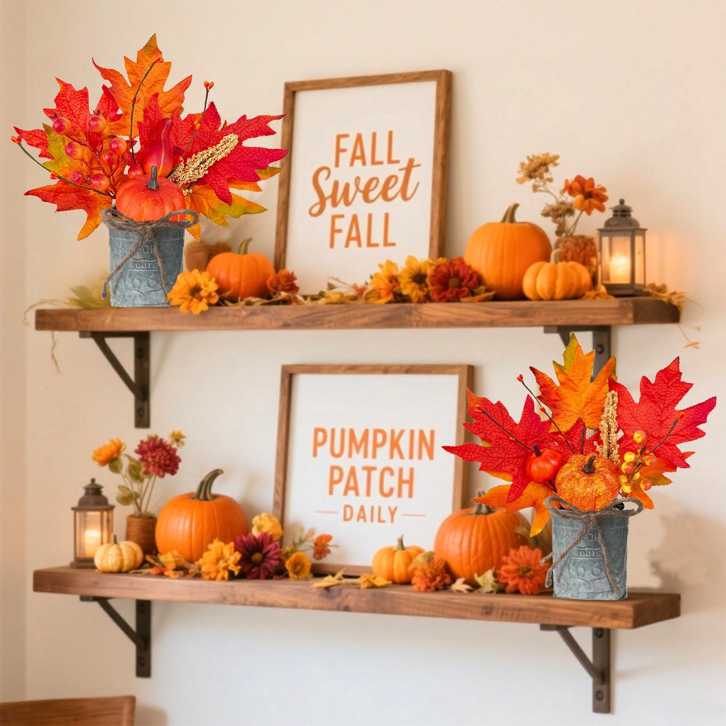 2 Pack 12 Inch Thanksgiving Decorations Fall Centerpieces for Tables Thanksgiving Table Decor Fall Arrangements Maples Leave Pumpkin Berried Wheat Realistic Moss in Metal Pots for Home Kitchen Table