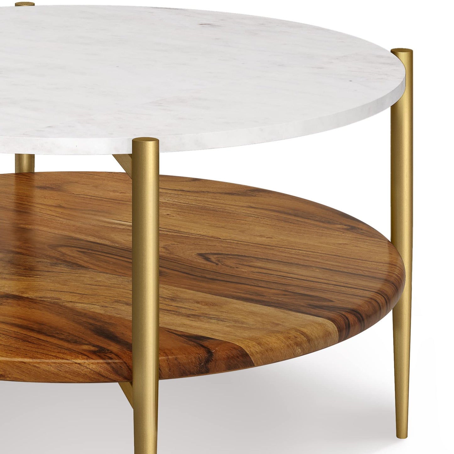 SIMPLIHOME Wagner Coffee Table - 30 inch Wide Solid Acacia Wood and Genuine Marble Round Living Room Table in White and Natural, Mid-Century Modern Table for Family Room with Gold Metal Base and Legs