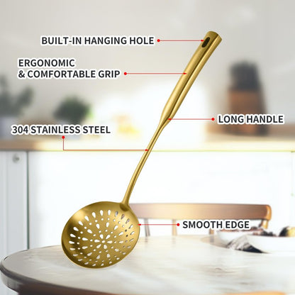 304 Stainless Steel Kitchen Cooking Utensils Set - 9 PCS Serving Utensils, Include Skimmer, Soup Ladle, Spaghetti Server, Wok Spatula, Slotted & Solid Spoon, Slotted Spatula Turner, Meat Fork (Gold）