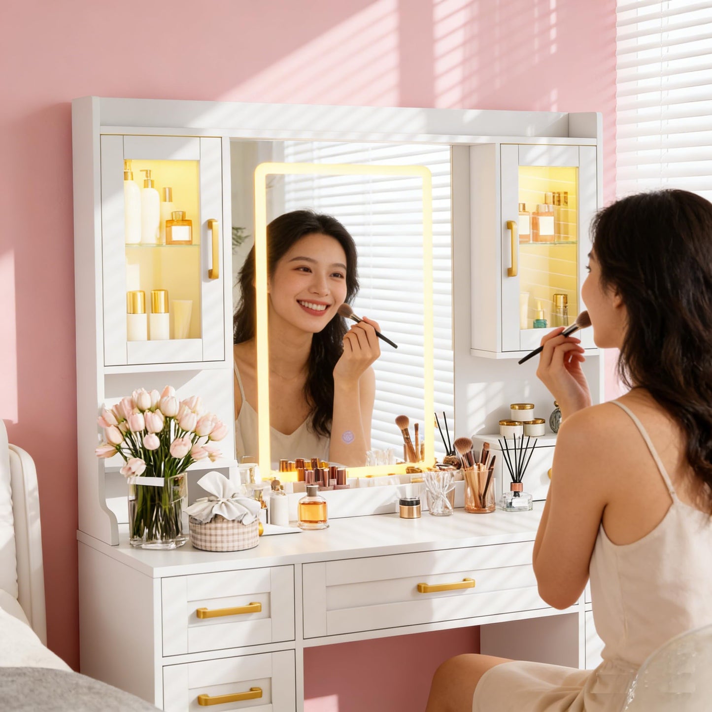 YBXGO Vanity Desk with Mirror and Light, Makeup Vanity Table with Drawer and Storage Dresser, 3 Lighting Modes Adjustable Brightness, Bedroom Dressing Table