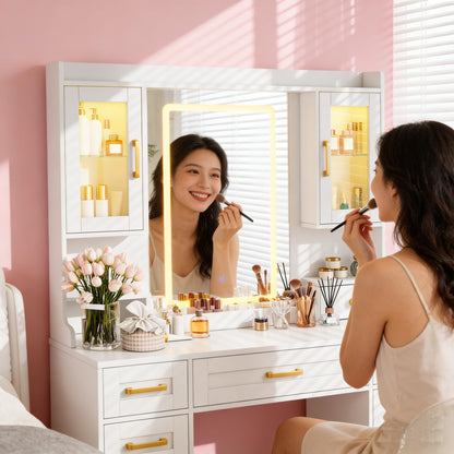 YBXGO Vanity Desk with Mirror and Light, Makeup Vanity Table with Drawer and Storage Dresser, 3 Lighting Modes Adjustable Brightness, Bedroom Dressing Table