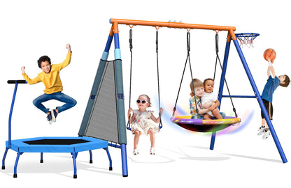 5-in-1 Kids Swing Sets for Backyard with Trampoline, 880lbs Heavy-Duty A-Frame Stand Metal Outdoor with 32 inch Saucer & Belt Swing, 55 inch Trampoline, Basketball Hoop, Led Light & Anchors
