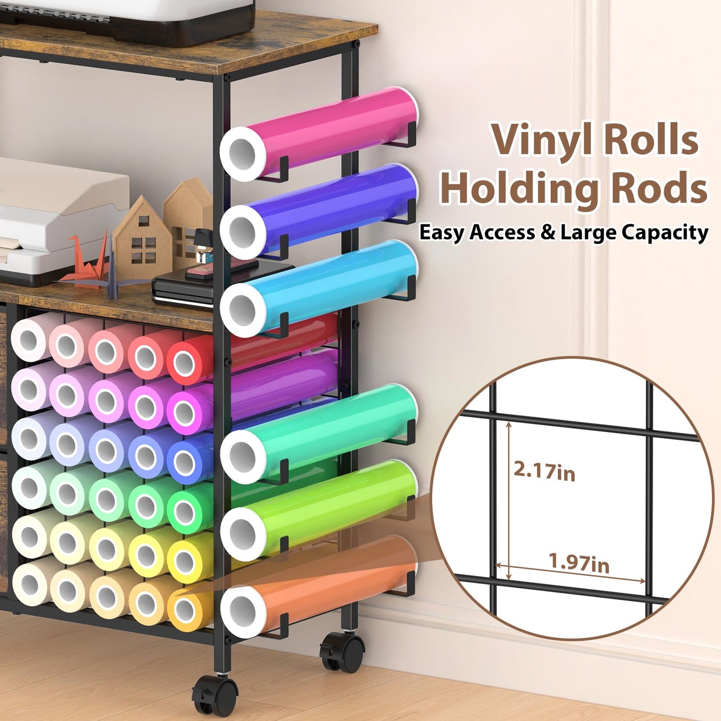 Craft Table Compatible with Cricut Machines Rolling Craft Storage Cart with Vinyl Roll Holders, Crafting Table Workstation with 2 Fabric Drawers, Locakable Wheels, Rustic Brown