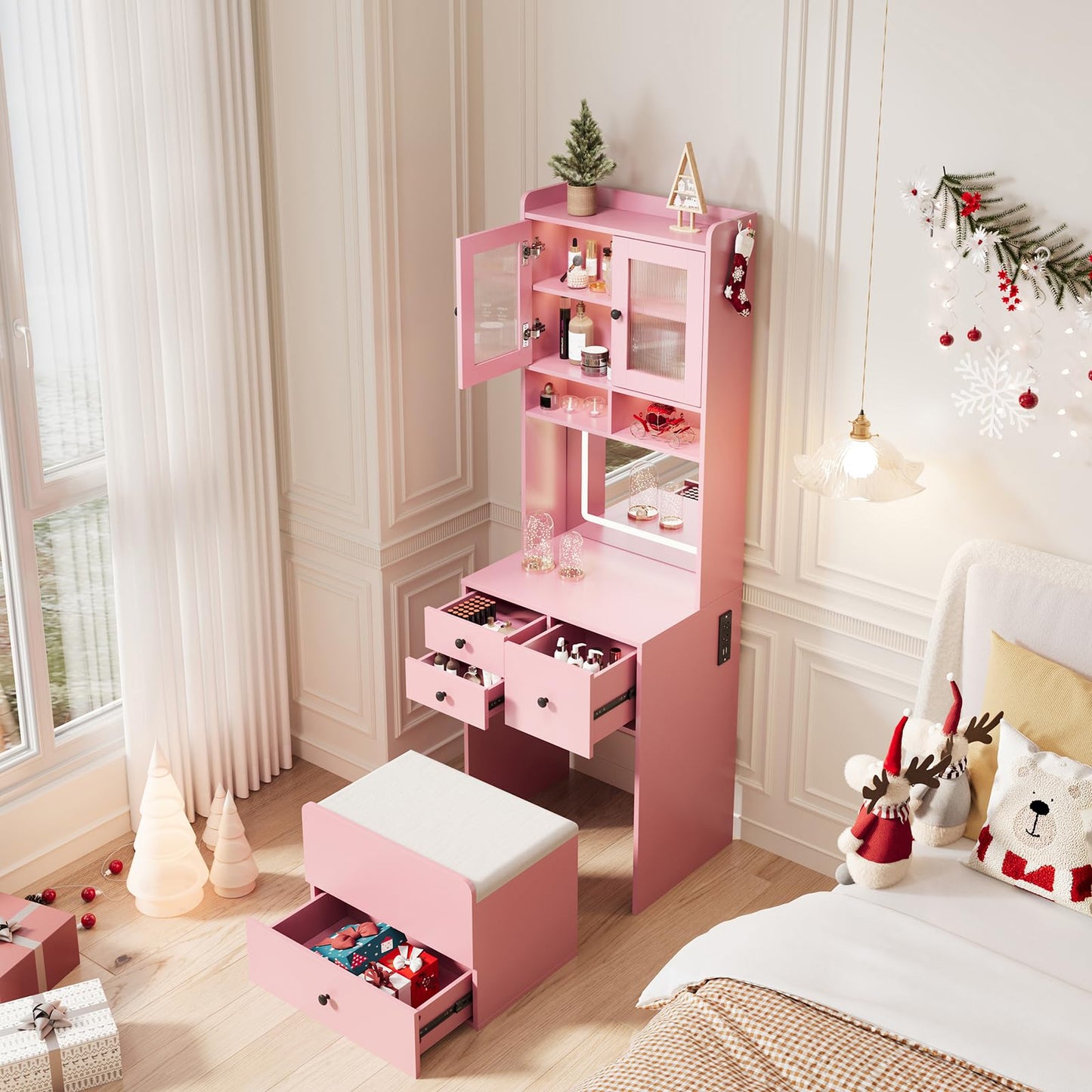 Garvee 3 in 1 Vanity Desk with LED Light, Tall Makeup Vanity Set with 2 AC Outlets & USB-c, Dressing Table with Drawers & Acrylic Doors, Nightstand Vanity Mirror, Jewelry Box, Cushioned Chair, Pink