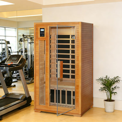 EAGLE PEAK 1-2 Person Low EMF Far Infrared Sauna, Red Light and Chromotherapy Lighting, Bluetooth Speakers, USB Port, Indoor Dry Heat Sauna, Canadian Hemlock Wood, Brown