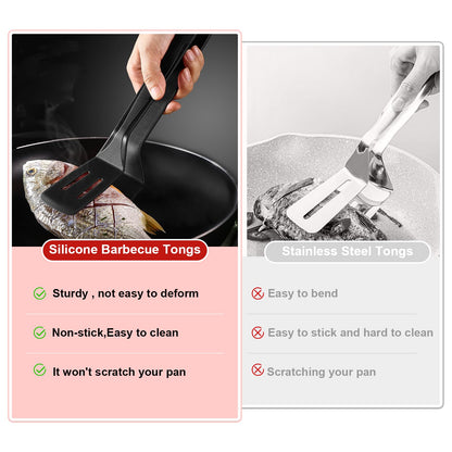 KIBBEH 3 Pack Heat Resistant Silicone Slotted Cooking Spatula Set, Multipurpose BBQ Clamp for Gripper Bread Clip, Fried Steak Clamp, Flipping Fish, Toast Salad Tongs