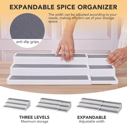 CiWiVOKi 3 Tier Expandable Spice Rack Organizer, White/Grey Plastic Spice Rack, Adjustable Length 14.6In-25.8In, 2 Pack Non-Skid Tiered Spice Shelf Organizer for Kitchen Cabinet, Cupboard, Pantry