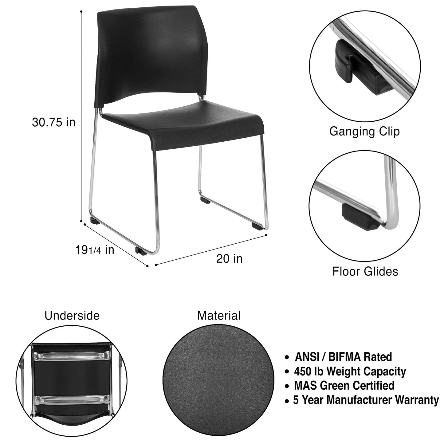 OEF Furnishings OEF8810-11-10/4 Commercial Stack Chair (Hard Plastic Seat and Back, Black, Chrome Frame, 4-Pack)