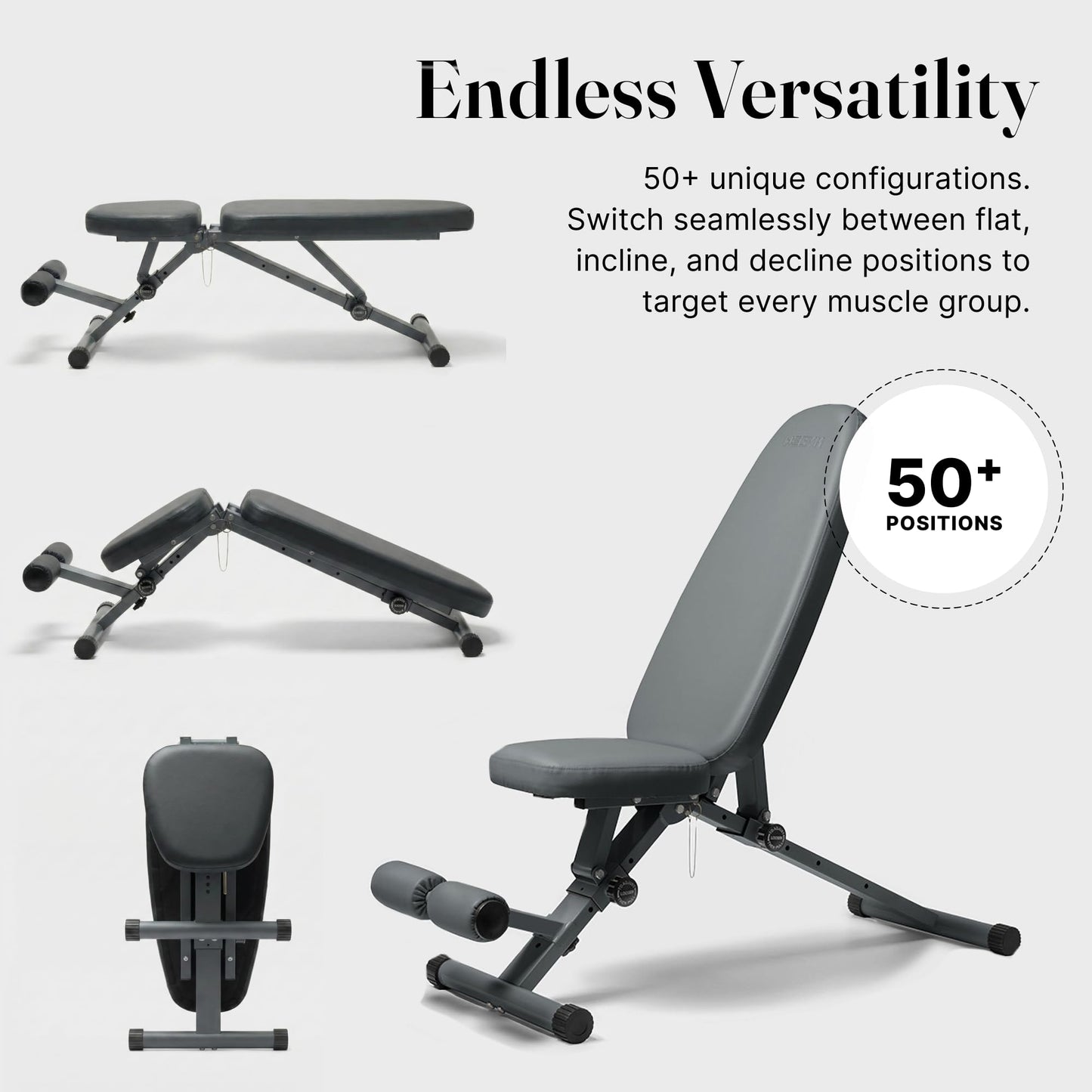 WeGym Collapsible Workout Bench, Adjustable Fitness Bench with 50 Configurations, Vegan Leather, Extra Wide 14in Seat for Home Gym Strength Training (Slate)