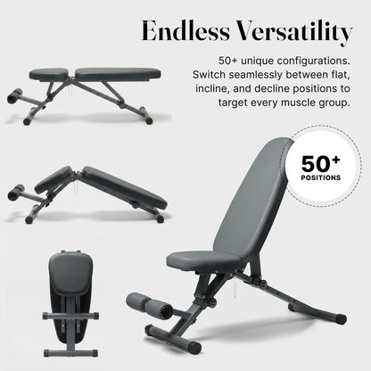 WeGym Collapsible Workout Bench, Adjustable Fitness Bench with 50 Configurations, Vegan Leather, Extra Wide 14in Seat for Home Gym Strength Training (Slate)
