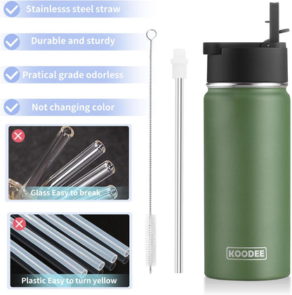 koodee 16 oz Stainless Steel Double Wall Vacuum Insulated Sports Water Bottle with Straw for Boys and Girls (Grass