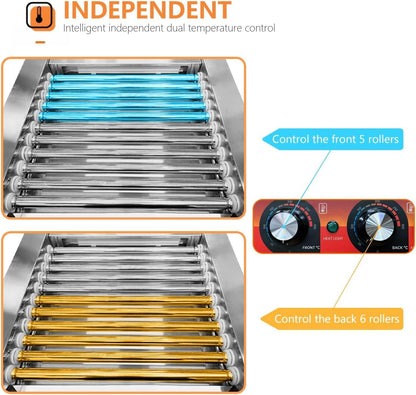 1700W Hot Dog Rollers,30 Hot Dog Capacity 11 Non-Stick Stainless Steel Rollers,Hot Dog Machine with Dust Cover,Hot Dog Roller Machine with Dual Temp Control and Led Light/Detachable Drip Tray (White)