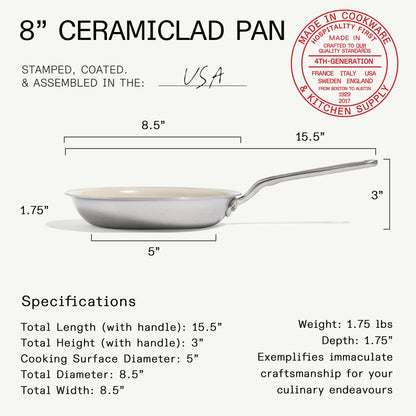 Made In Cookware - 8" Ceramic Non Stick Frying Pan (Discontinued CeramiClad 1.0) - 5-Ply Stainless Clad with Stay-Cool Handle - Professional Cookware - Crafted in USA - Induction Compatible