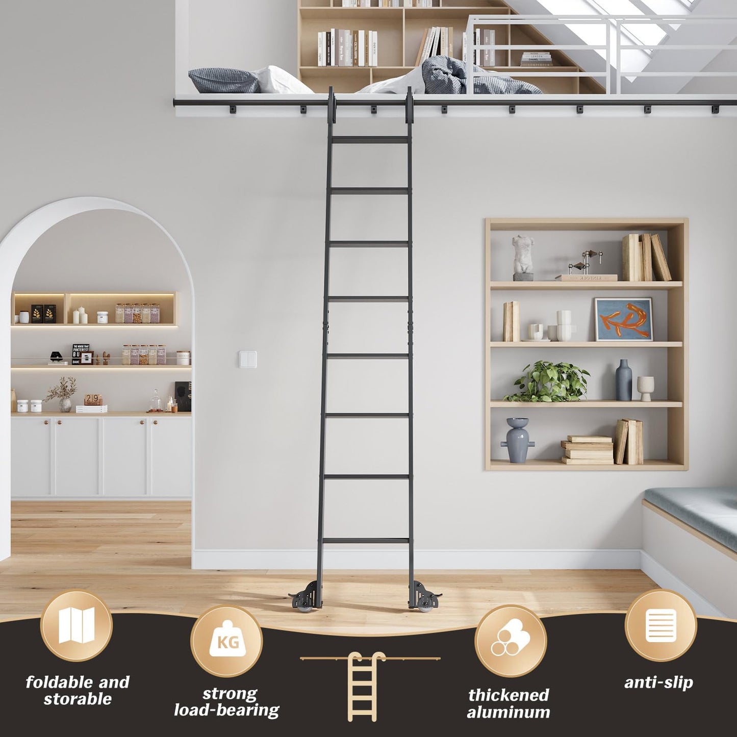 Fredbeck 9FT Rolling Library Aluminium Step Ladder 108" with 4FT Sliding Hardware Track Kit Bottom Wheel Included,for Kitchen,Loft,Warehouses,Bookstore,Atti,Dressing Room,Metal Black