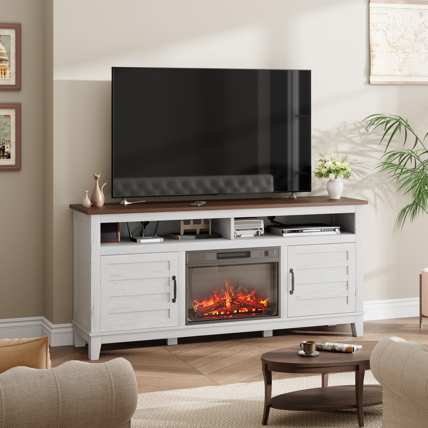 IDEALHOUSE Fireplace TV Stand, Entertainment Center with Fireplace, Farm TV Cabinet with Cupboard Door, Suitable for Living Room and Bedroom