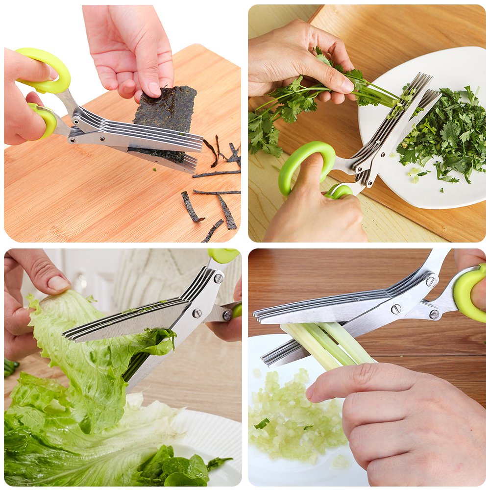 SourceTon 5-Blade Herb Scissors 2 Pack - Heavy Duty Kitchen Shears with Cleaning Brush, Multipurpose Stainless Steel Scissors for Cooking, Crafting, Gift (Ergonomic Left/Right Hand Design)