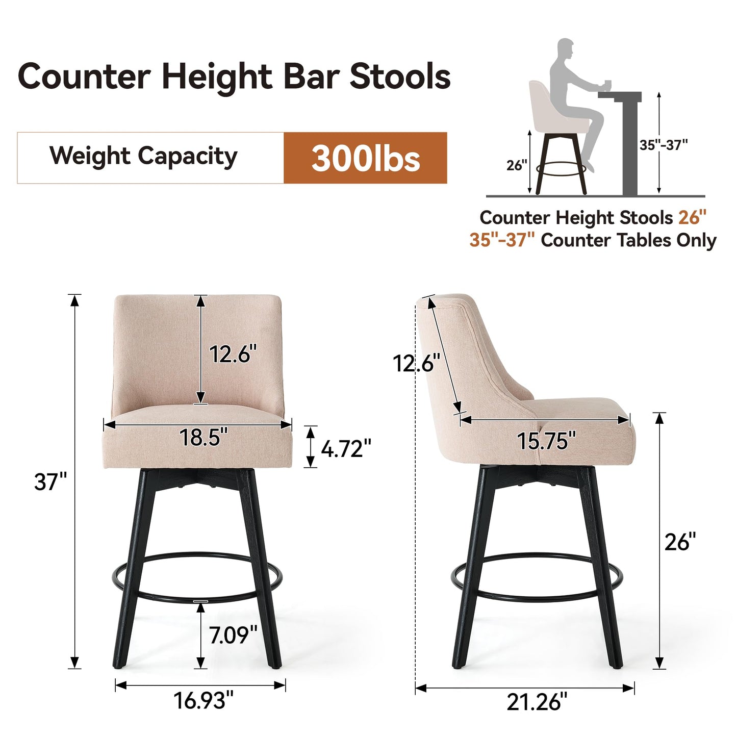 Vipbear Counter Height Bar Stools Set of 3, 26" H Swivel Bar Stools with Backs, Linen Fabric Upholstered Bar Chairs with Solid Wood Legs for Kitchen Island, Dining Room, Home Bar, Beige