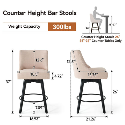 Vipbear Counter Height Bar Stools Set of 3, 26" H Swivel Bar Stools with Backs, Linen Fabric Upholstered Bar Chairs with Solid Wood Legs for Kitchen Island, Dining Room, Home Bar, Beige