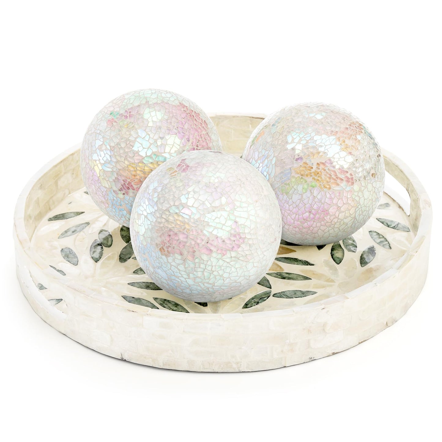 TOPZEA Set of 3 Decorative Balls, 4 Inch Glass Mosaic Orbs Sphere Bowl Fillers, Coffee Table Centerpiece Ball Ornaments for Living Room, Christmas, Holiday Party, White Home Decor