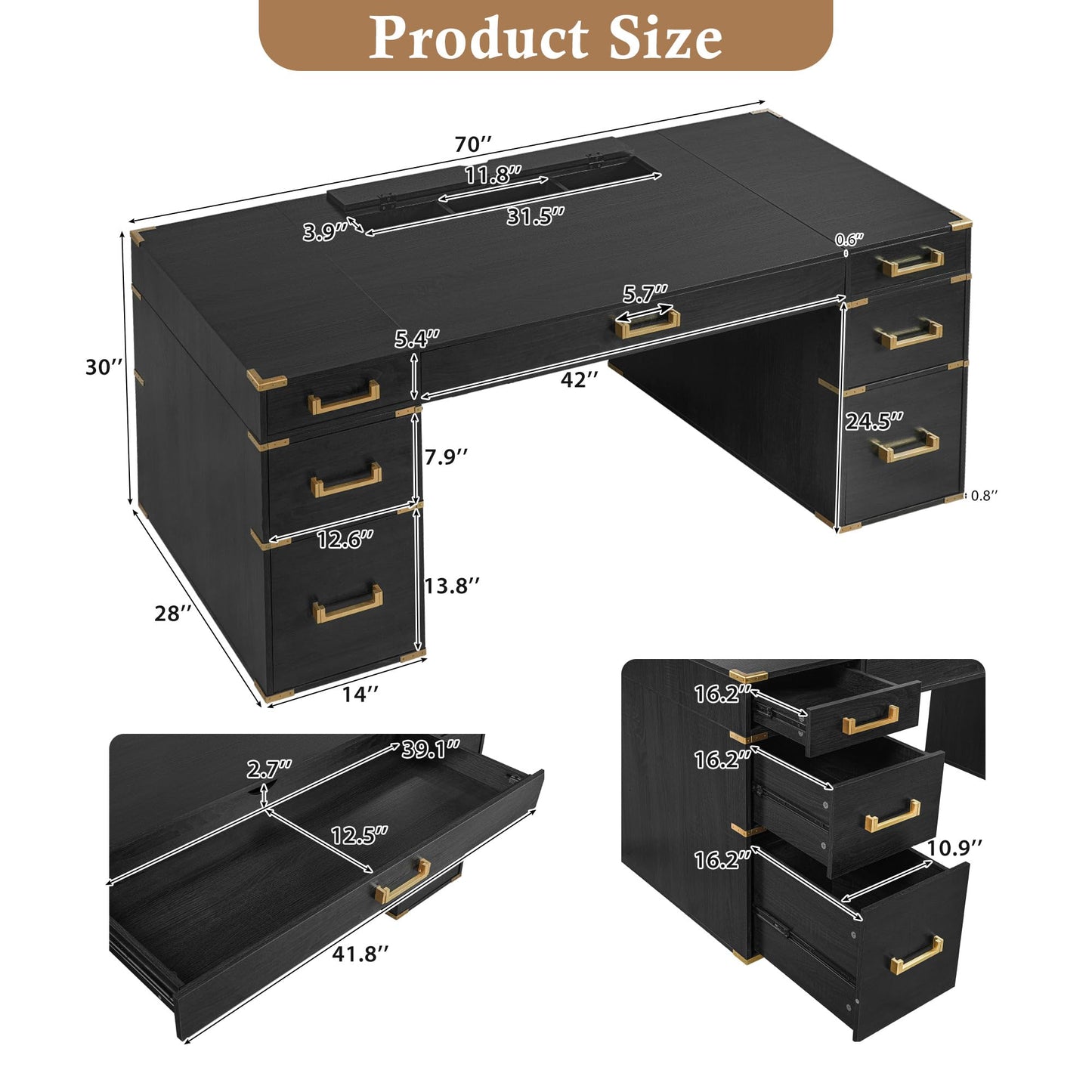Merax 70" Traditional Executive Desk with Metal Edge Trim, Classic Writing Desk with 2 File Drawers, USB Ports and Outlets, Extra-Large Desk with Hidden Compartment for Home Office, Study Room