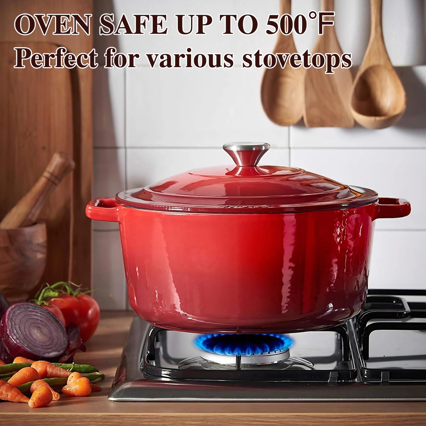 Enameled Cast Iron Dutch Oven - Umite Chef 5QT Pot with Lid & Cotton Potholders - Heavy-Duty Cookware for Bread Baking, Braising, Stews, Roasting(Red)