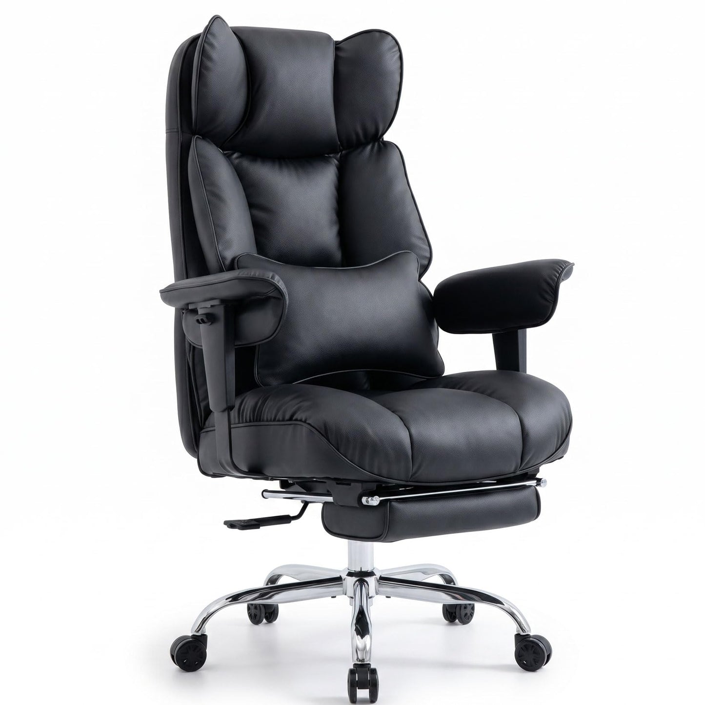 Efomao Big and Tall Office Chair 400lbs - Heavy Duty Reclining Desk Chair with Footrest, Spacious High Back PU Leather Executive Chair, Double-Layer Spring Support, Black