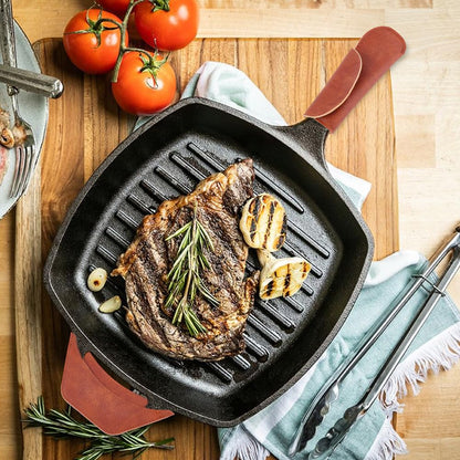 CALFOVERA 6PCS 2 Styles PU Leather Cast Iron Handle Cover Handmade Heat Resistant Frying Pan Assist Grip Sleeve Skillet Handle Cover Leather Hot Holder Sleeve for Kitchen Baking Cooking BBQ Cookwares