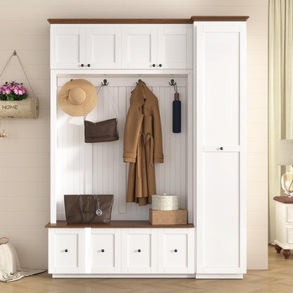 Merax 78.7''H Hall Tree with Storage Bench, Modern Entryway Bench with Coat Rack, 5-in-1 Hall Tree with Cabinets, Drawers & Hooks for Hallway, Entryway, Living Room, Mudroom, White