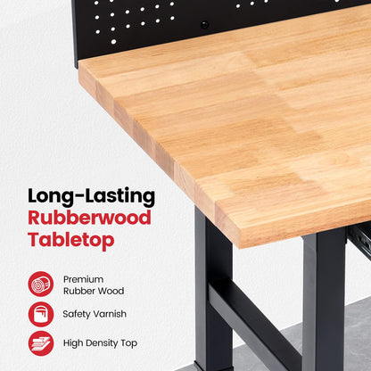 ENJOYWOOD Work Bench with Wheels 60 x 22 Inch Heavy Duty Rubberwood Tabletop Work Table Adjustable Height Garage Workbench with LED, Drawers, Pegboard, Power Outlets for Woodworking Shop, Home, Office