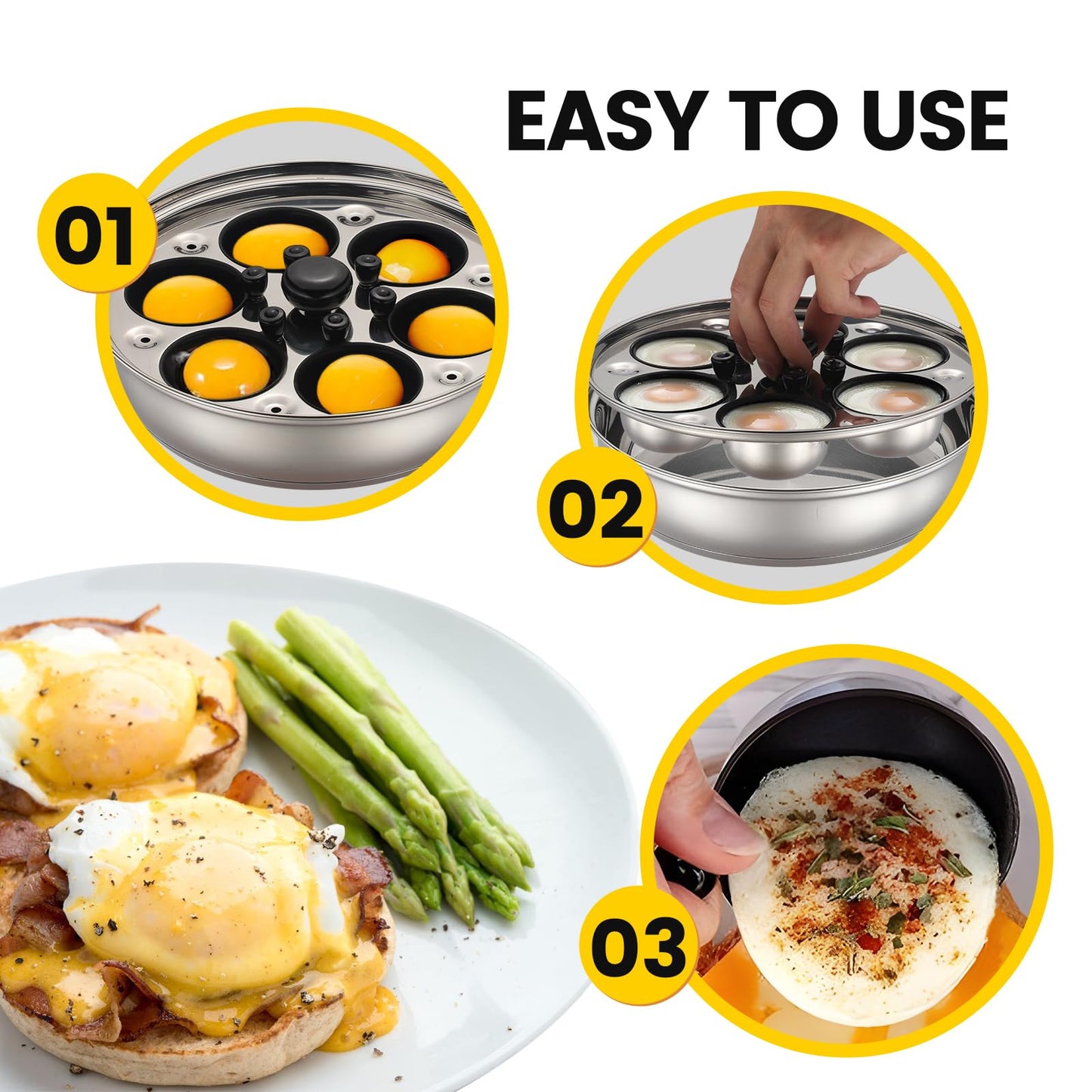MARSKITOP Egg Poacher, Poached Eggs Cooker, Stainless Steel Egg Poaching Pan Food Grade Safe PFOA Free