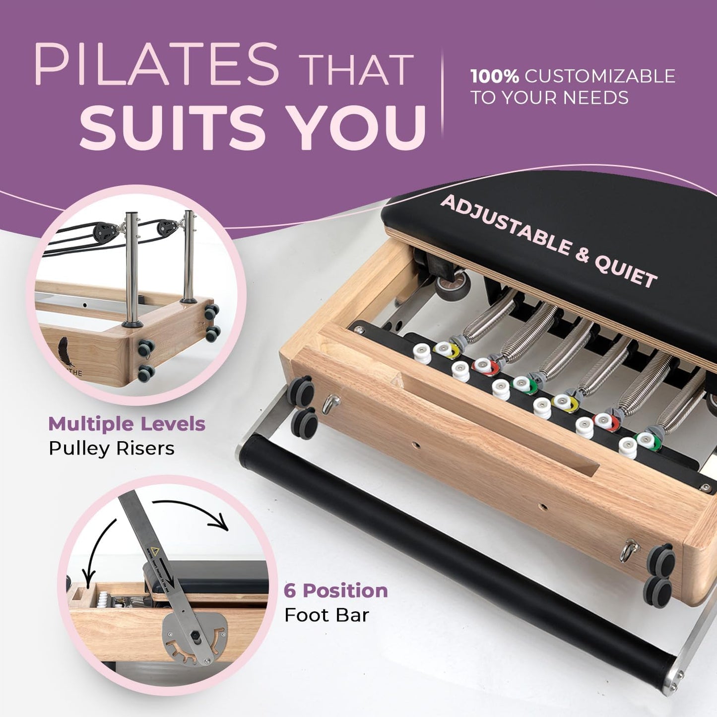 Airlithe Foldable Pilates Reformer Machine for Home Workouts – Wooden Pilates Reformer Equipment with 360° Wheels, Reformer Box, Jump Board & Foot Board | 70+ Guided Workouts